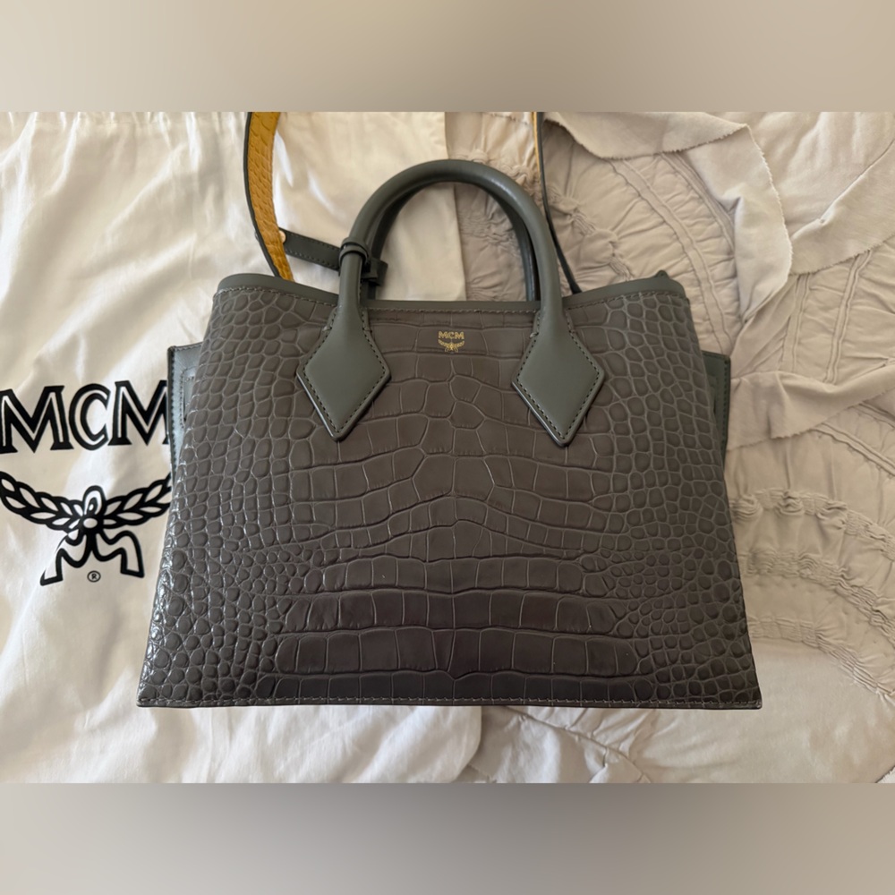 MCM Light Charcoal Croc-Embossed Leather Top-Handle Tote